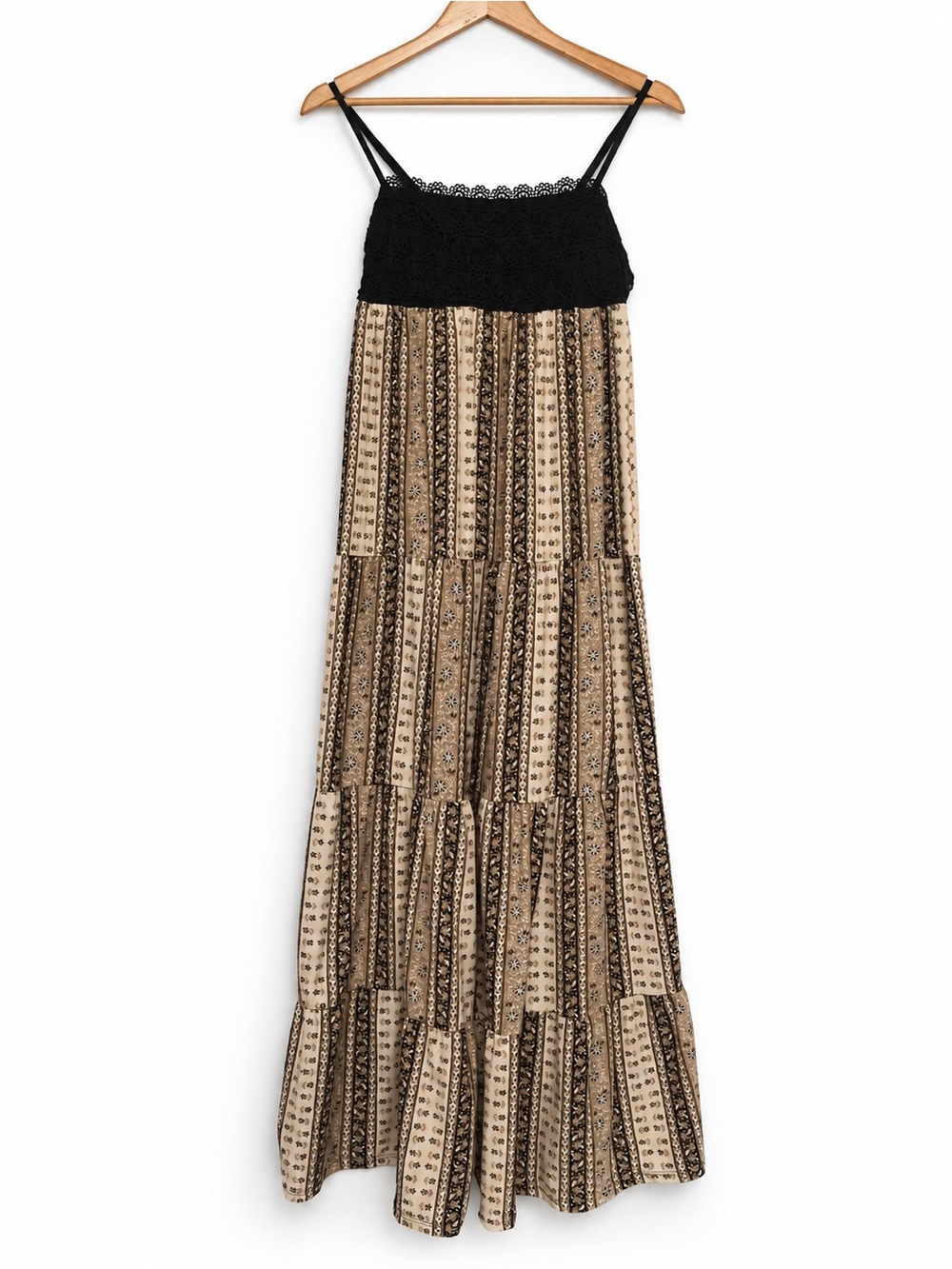 🖤 A Little Lace, A lot of BOHO! Black Bodice Beige Patterned Tiered Maxi